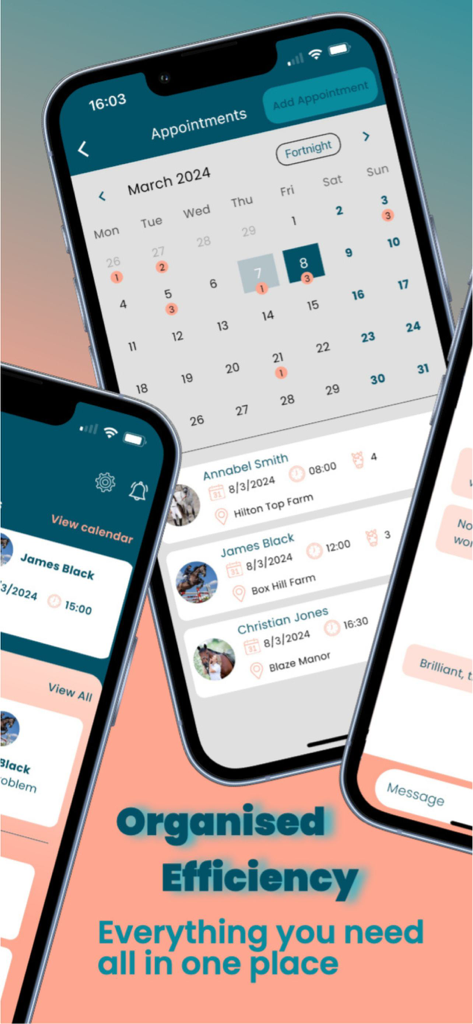 Equigate - Equigate mobile app interface showing a calendar and list of upcoming equestrian service appointments