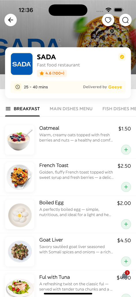 Geeye Somalia - Interface of the Geeye Somalia app showing the breakfast menu of a local restaurant with dishes like oatmeal and goat liver.