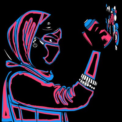 realistic girl with mask spray painting a wall