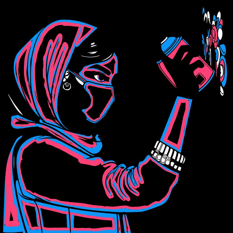 realistic girl with mask spray painting a wall