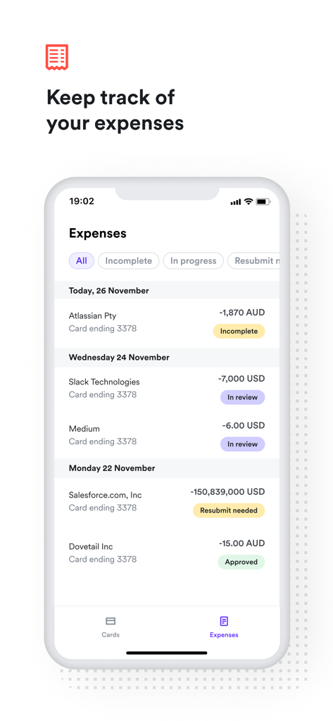 Airwallex - Airwallex mobile app interface showing a list of business expenses with multi-currency transaction details and approval statuses