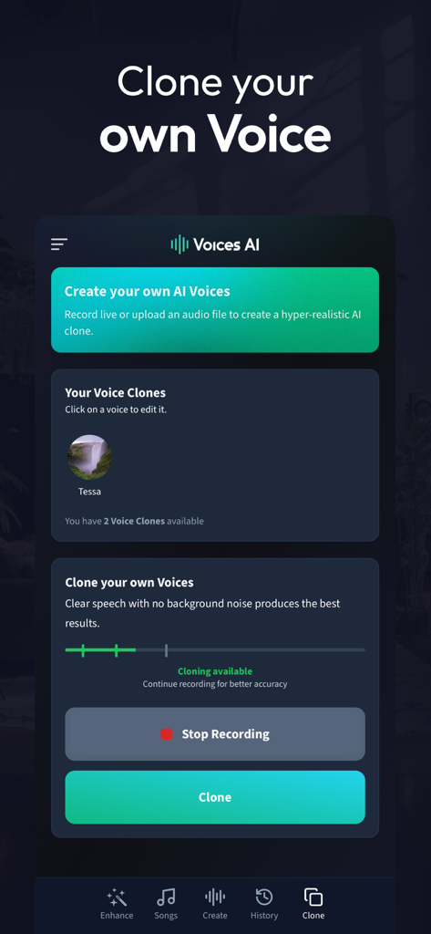 Interface of the Voices AI app displaying the voice cloning feature with a recording progress bar and a list of clones