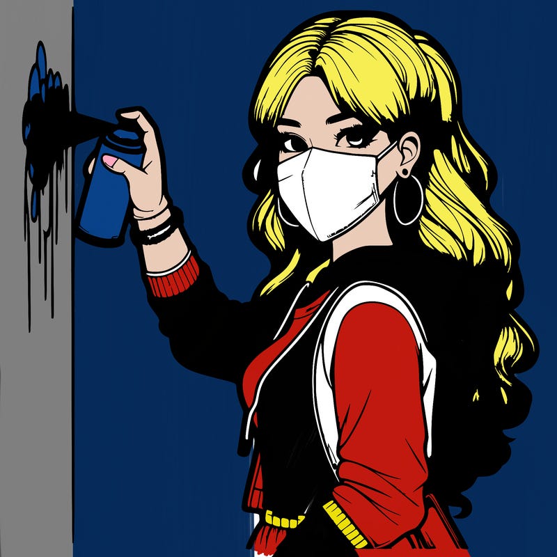 realistic girl with mask spray painting a wall