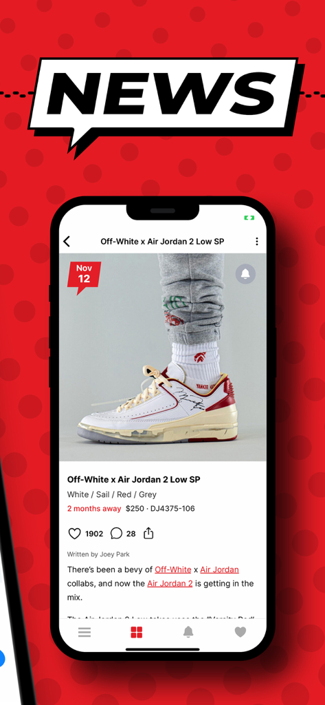 Off-White x Air Jordan 2 Low SPのニュースとリリース情報が表示されたNice Kicksアプリの画面