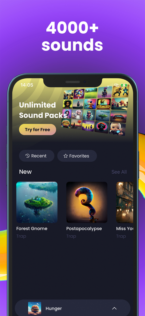 Trap Drum Pads Guru - Trap Drum Pads Guru app interface showing over 4000 sounds and unlimited sound packs