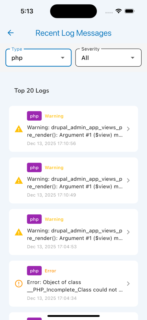 Drupal Admin - Drupal Admin mobile app screen showing recent PHP server logs and warnings