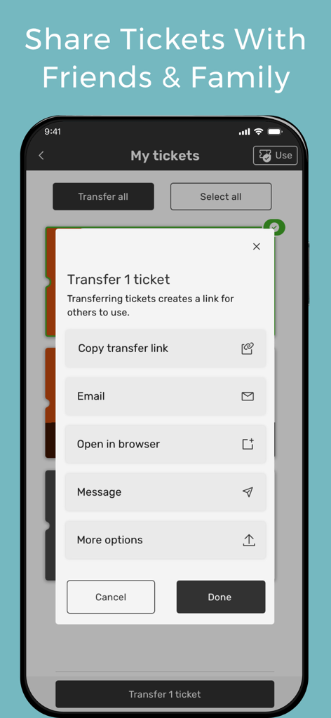 GoFan: Buy Tickets to Events - GoFan mobile app screen showing options to transfer and share tickets via email or messaging