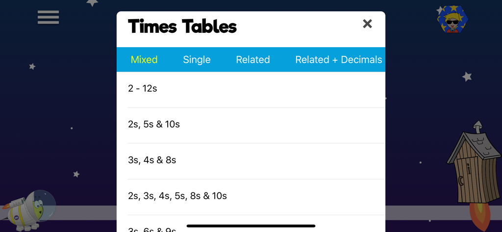 Math Shed - Math Shed app times tables practice selection menu