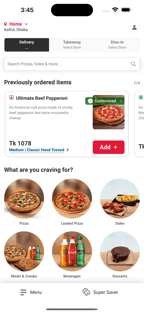 Domino's Pizza Bangladesh app interface showing food categories and delivery options in Dhaka
