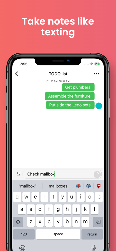 Chat Notes | TODOs & Journal - iPhone screenshot of the Chat Notes app displaying a TODO list as a chat conversation with text bubbles.