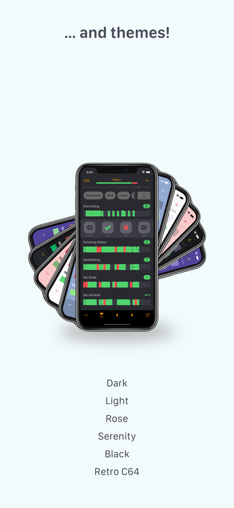 Visualización de varios temas de color para la aplicación rastreador de hábitos Way of Life