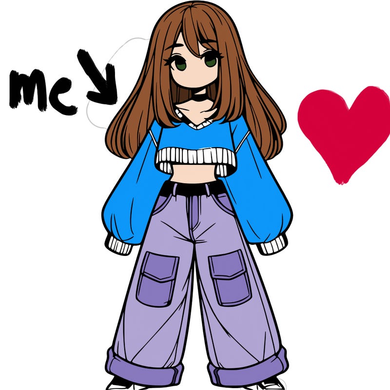 cute girl with straight hair in baggy jeans and a crop top and a sweater