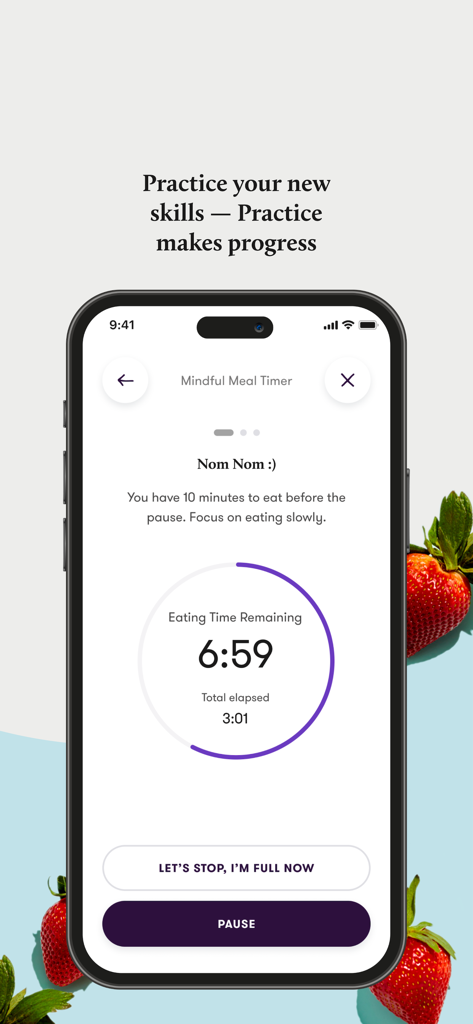 Wondr Health - Print da tela do recurso Mindful Meal Timer do aplicativo Wondr Health, projetado para ajudar os usuários a comer mais devagar e praticar habilidades de saúde comportamental.