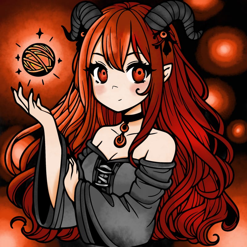 long haired girl with horns and magic orb in her hand