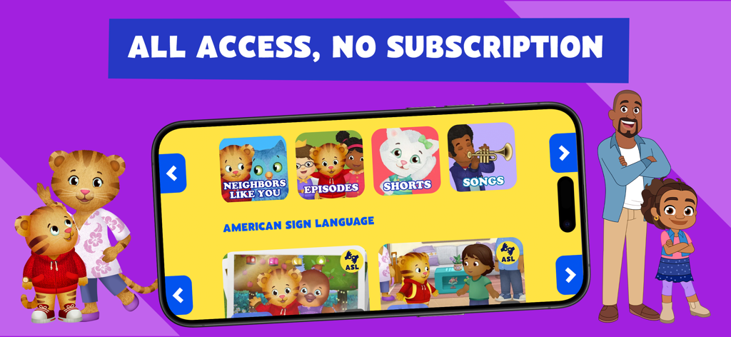 PBS KIDS Video - PBS KIDS Video app on a smartphone featuring American Sign Language content and a no subscription banner