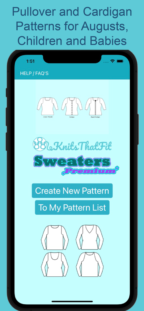 KnitsThatFit Sweaters Premium - KnitsThatFit Sweaters Premium app home screen showing options to create custom knitting patterns for pullovers and cardigans for adults children and babies