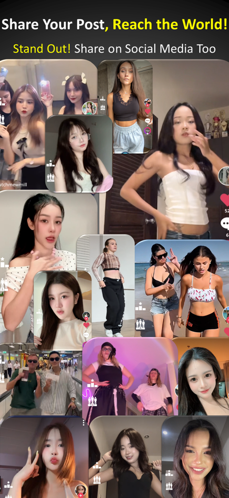 A collage of user-generated dance videos with a prompt to share on social media