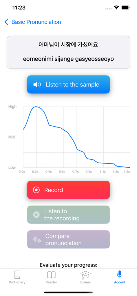 Korean: language dictionary - Interfaz para practicar la pronunciación coreana con un gráfico de tono y una herramienta de grabación