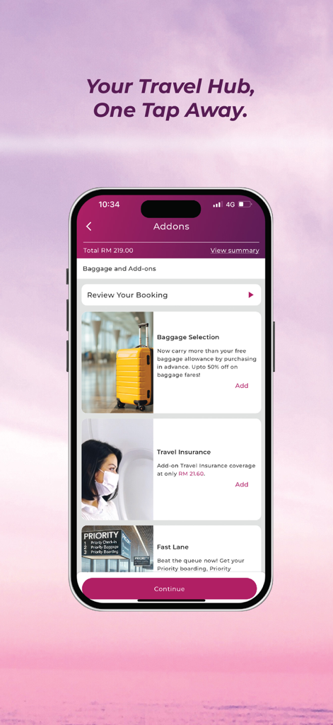 Batik Air mobile app interface for selecting flight addons like baggage and insurance