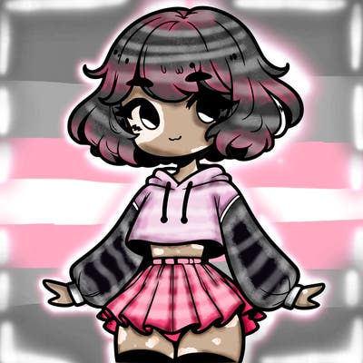 cute femboy with short, fluffy hair that softly frames their face, wearing a cropped hoodie, paired with a flouncy short skirt, and thigh-high stockings