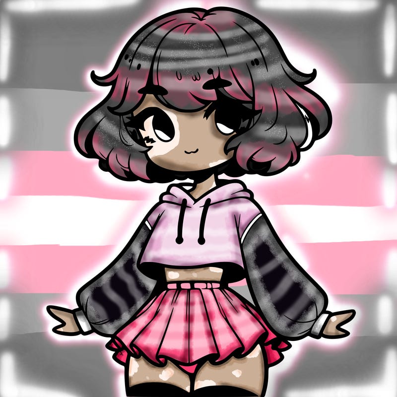 cute femboy with short, fluffy hair that softly frames their face, wearing a cropped hoodie, paired with a flouncy short skirt, and thigh-high stockings