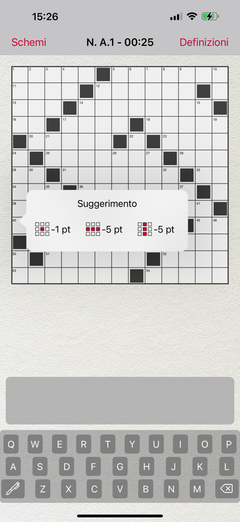 Enigmistica: Cruciverba - クロスワードのグリッドとヒント選択ポップアップを備えたEnigmistica Cruciverbaアプリのインターフェース