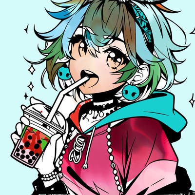 hot baddie anime girl drinking boba and biting the straw