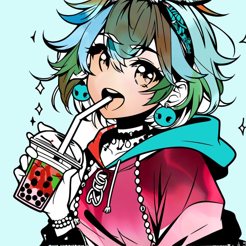 hot baddie anime girl drinking boba and biting the straw