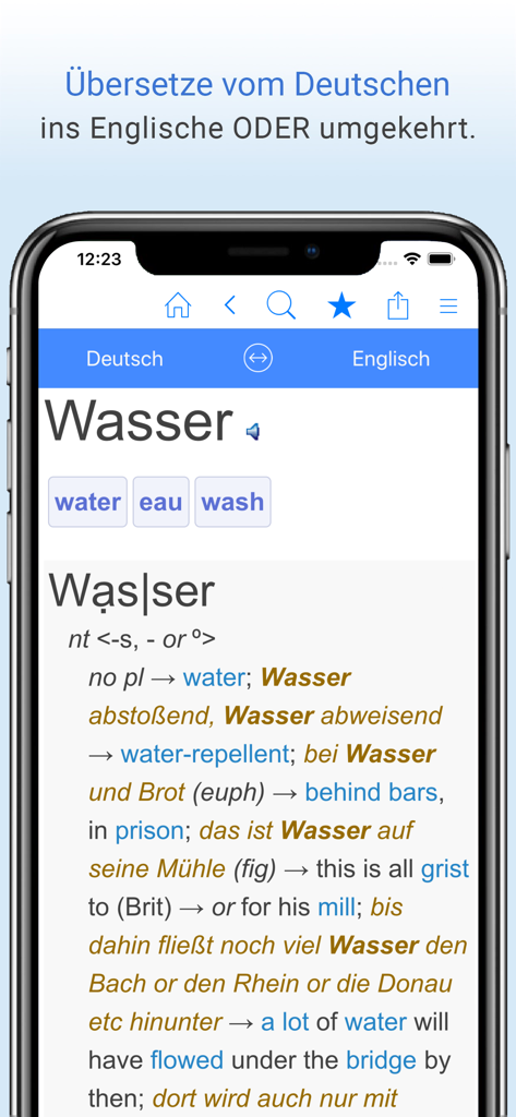 Deutsch-Englisch Wörterbuch. - Screenshot of the Deutsch-Englisch Wörterbuch app showing the translation and usage examples for the word Wasser.