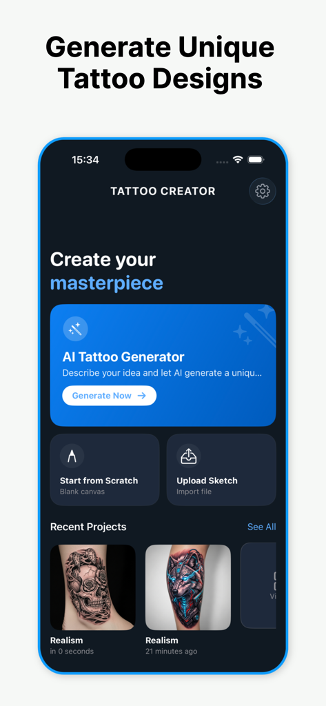 Tattoo Creator: AI Design Ink - Tattoo Creator app interface showing AI generator and recent projects