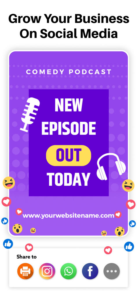 An advertisement maker app interface showing a comedy podcast announcement template with social media sharing icons and engagement emojis.