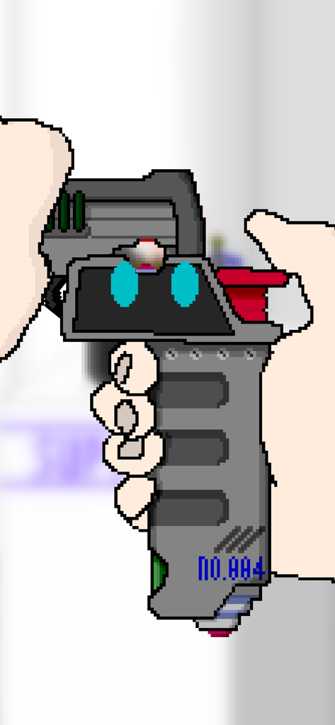 Parasite Days - Pixel art of a hand holding a mechanical device with blue sensors and the number 884