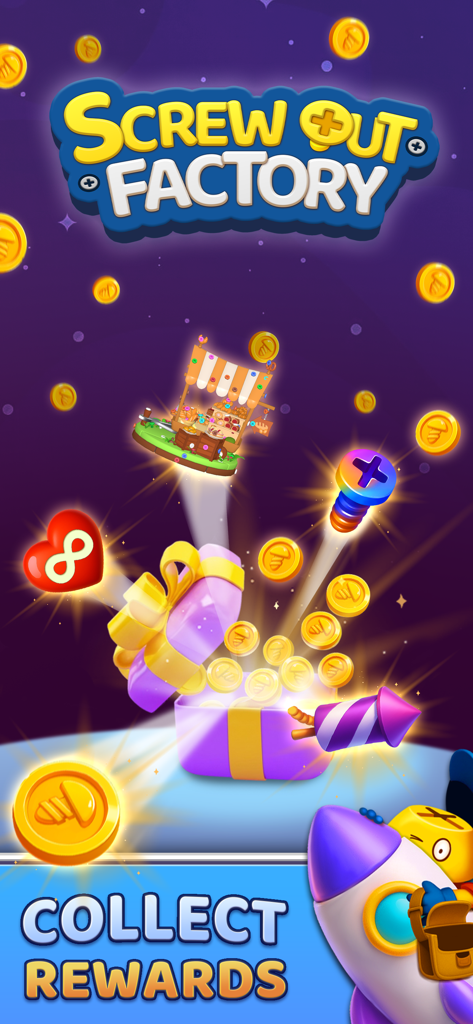 Screw Out Factory: Puzzle 3D - Schermata del gioco puzzle 3D Screw Out Factory che mostra una scatola regalo con monete d'oro e il testo 'Collect Rewards' (Raccogli ricompense).