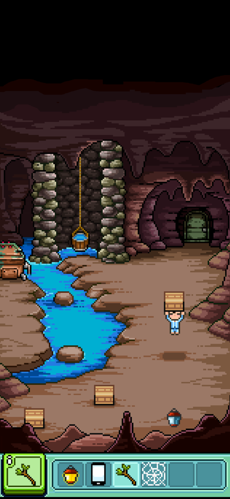 Pixel art character holding a wooden box in a cave with a water well.