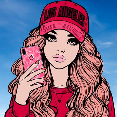 realistic beautiful girl wearing los ángeles cap holding an iphone