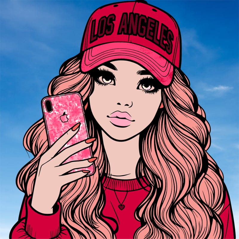 realistic beautiful girl wearing los ángeles cap holding an iphone