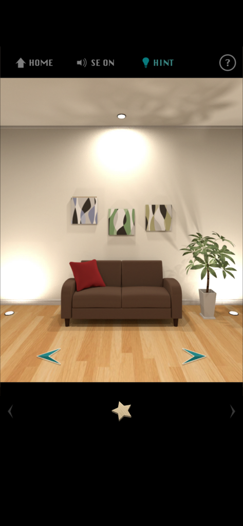 E.X.I.T - Escape Game - - A realistic 3D living room scene with a brown sofa and abstract wall art in the EXIT escape game