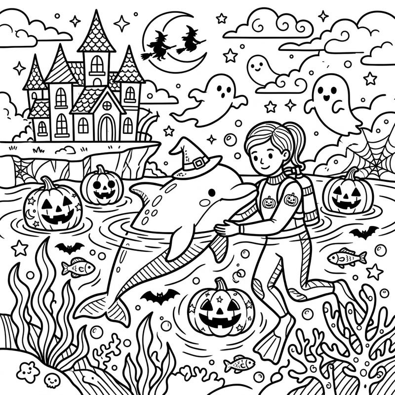 Embark on a heartwarming yet spooky journey with this unique Halloween Dolphin Rescue coloring page. Join a kind rescuer as they help a friendly dolphin wearing a witch hat, surrounded by delightful Halloween surprises in the deep blue.