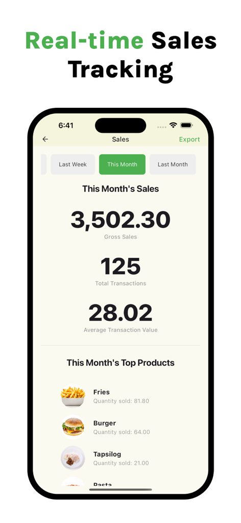 VendPOS - Interface do aplicativo VendPOS mostrando relatórios de vendas mensais em tempo real, incluindo receita bruta e produtos mais vendidos.