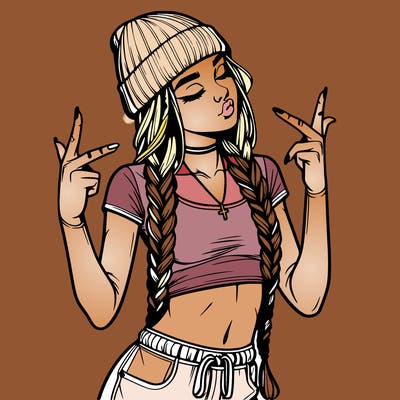 realistic teenage girl with braids and a beanie and crop top doing 🫶🏼