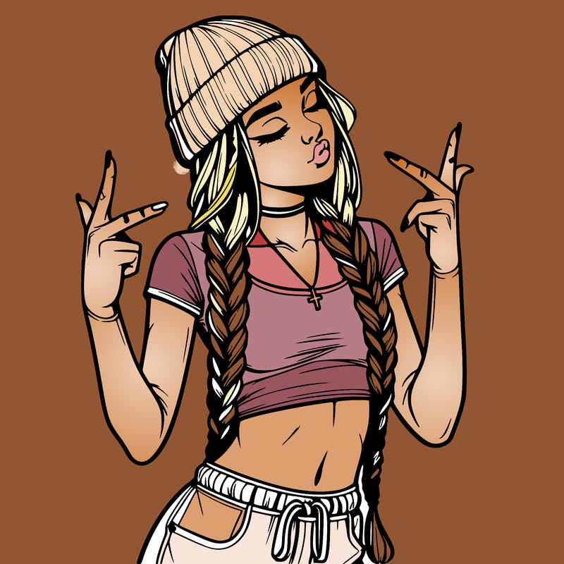 realistic teenage girl with braids and a beanie and crop top doing 🫶🏼