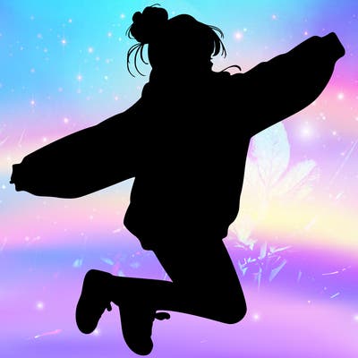 realistic girl jumping with a bun and oversized sweatshirt