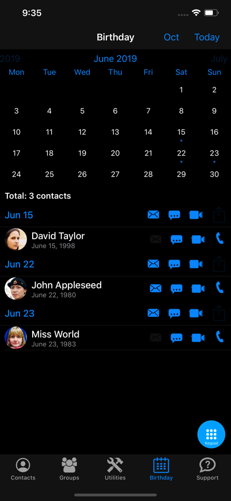 Interfaccia del calendario dei compleanni e della lista contatti nell'app Contact Pro