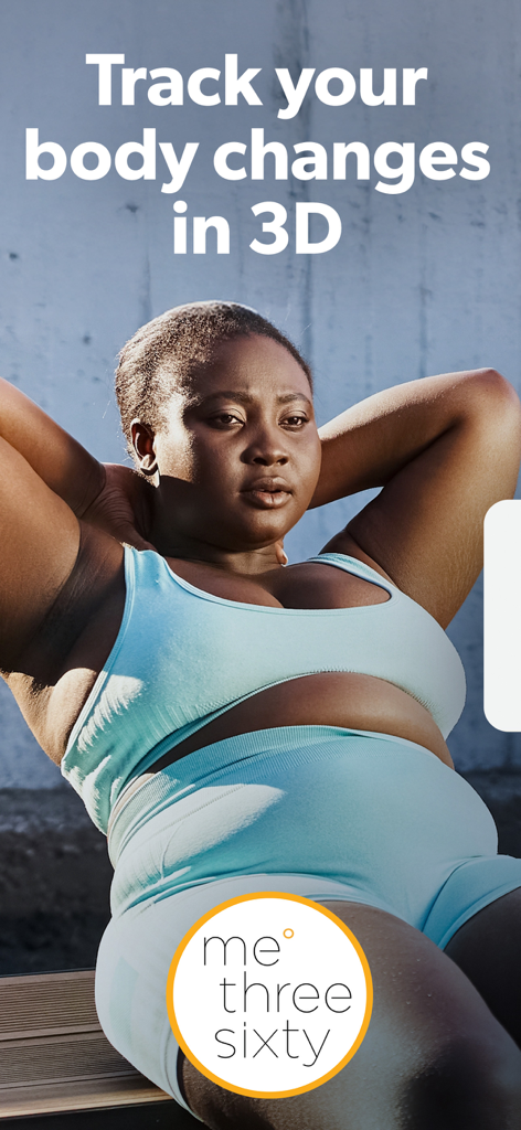 Frau trainiert mit MeThreeSixty App Promo-Text Verfolgen Sie Ihre Körperveränderungen in 3D