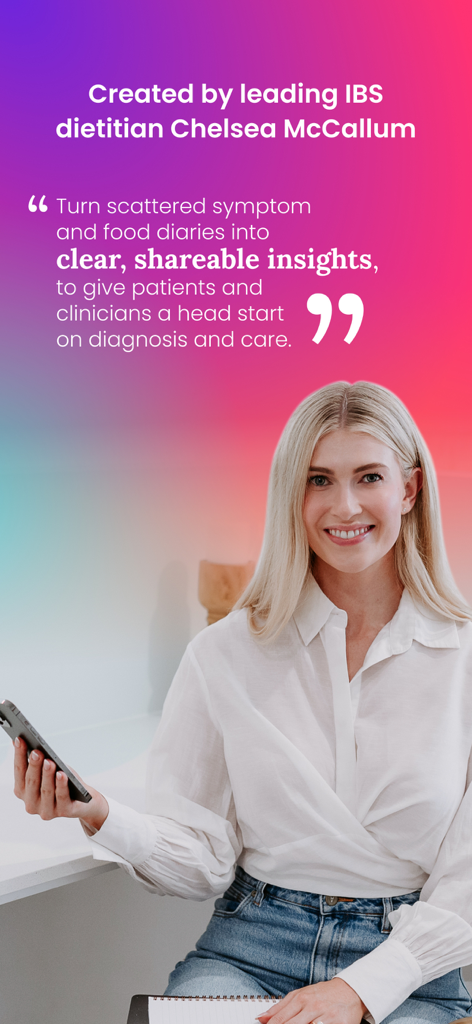 Tummily: Gut & IBS Tracker - IBS dietitian Chelsea McCallum smiling while holding a phone to promote the Tummily app