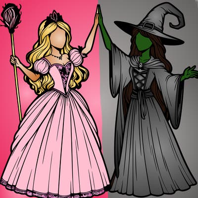 detailed realistic split of a princess and a witch