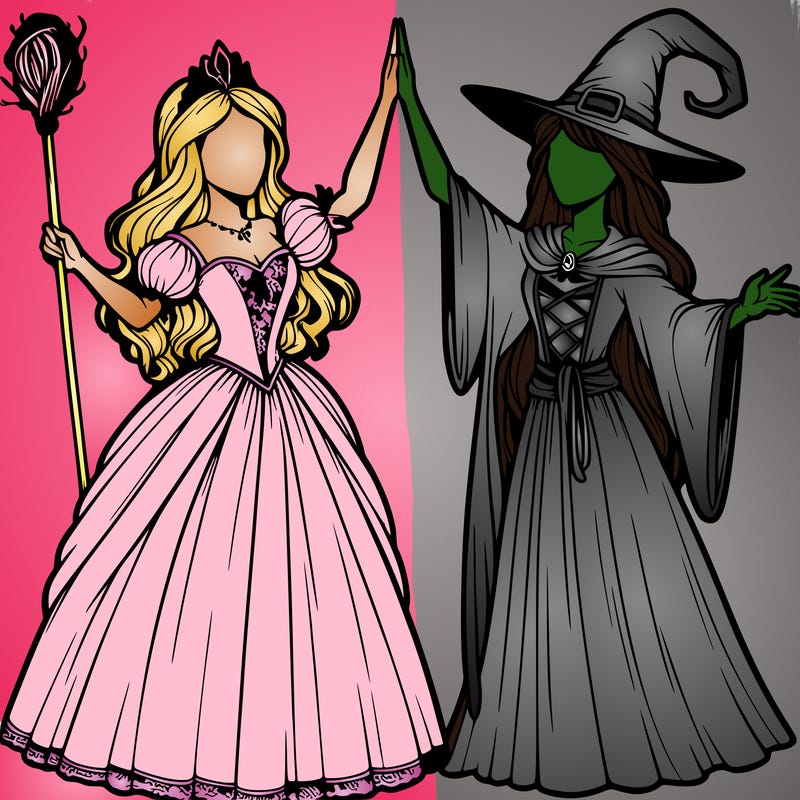 detailed realistic split of a princess and a witch