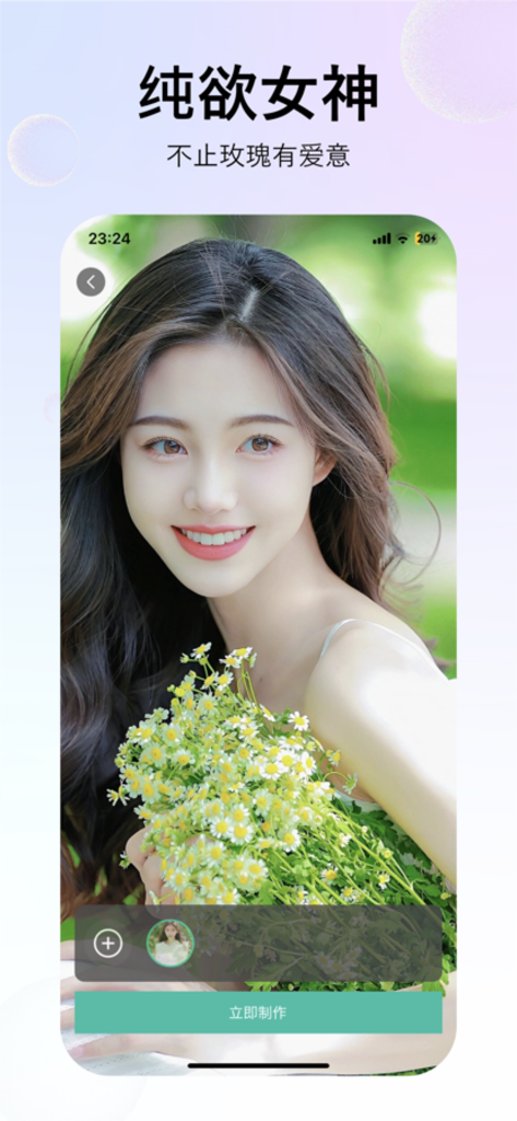 FaceFox-AI换装智能换脸写真照片优化 - FaceFox app screenshot showing an AI generated portrait of a woman holding flowers