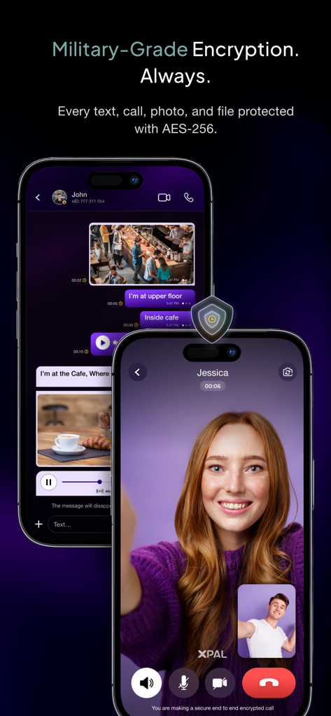 xPal Ultra Secure Messenger - Screenshot of xPal Ultra Secure Messenger showing encrypted chat and video call features