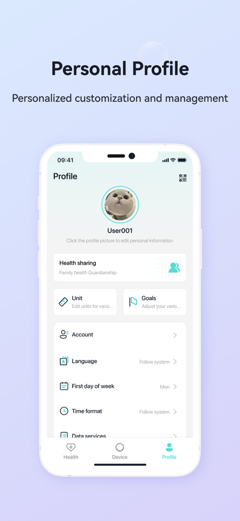 H Ring - HealthLife - User profile and settings interface in the H Ring HealthLife mobile application